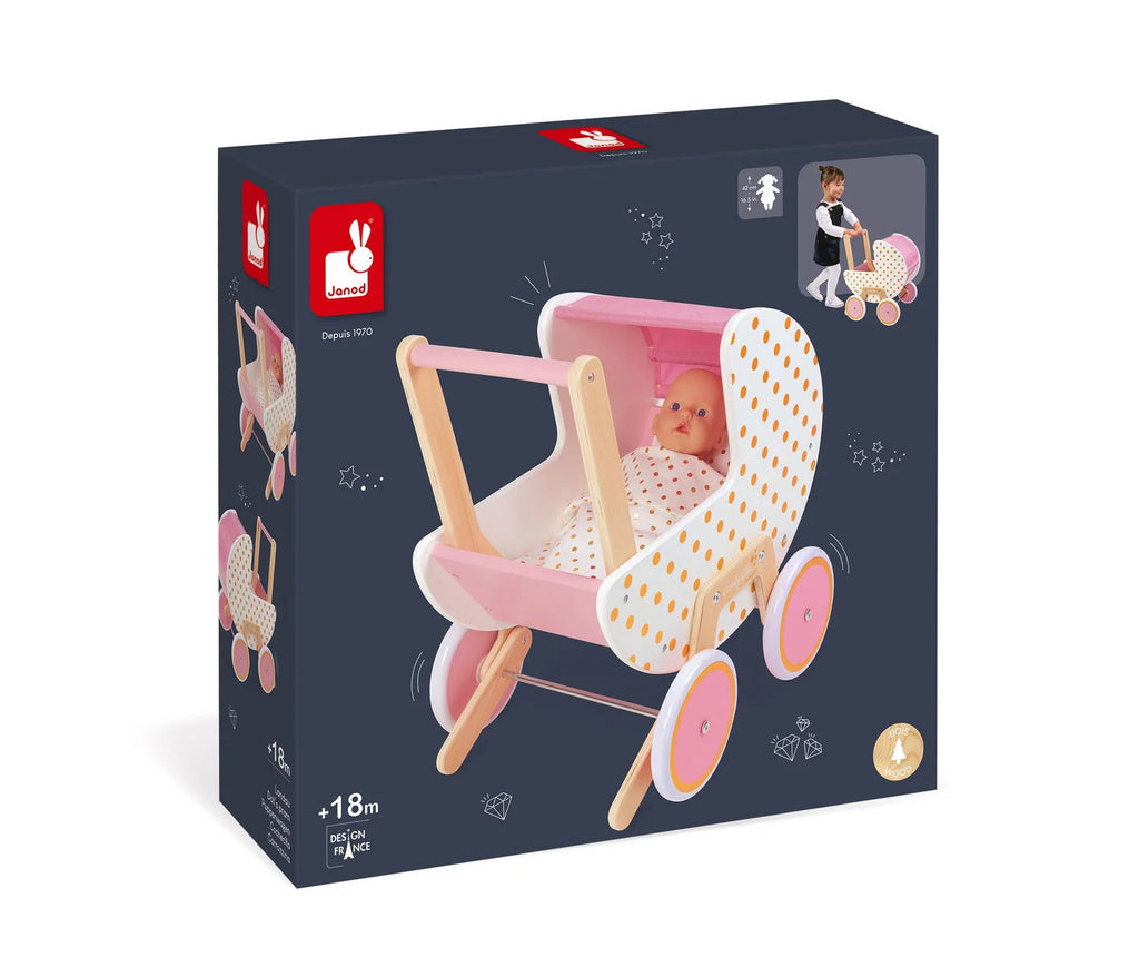 Janod Candy Chic Doll Pram - Wooden Stroller with Blanket