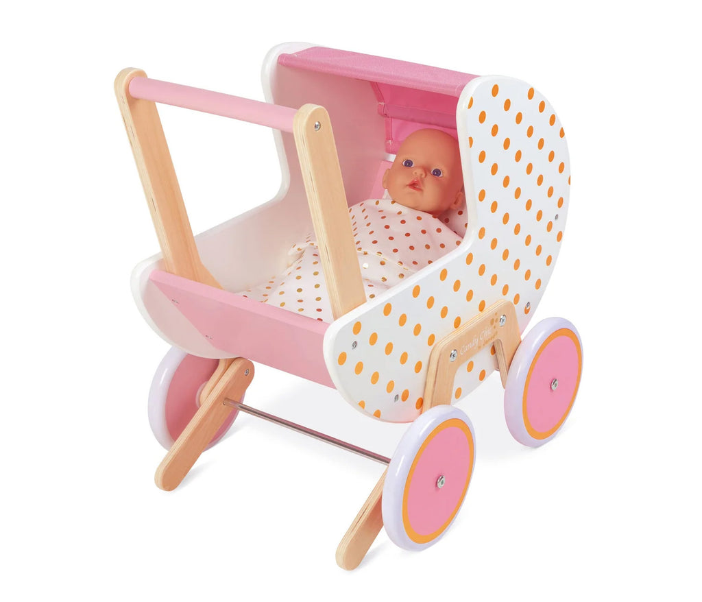 Janod Candy Chic Doll Pram - Wooden Stroller with Blanket