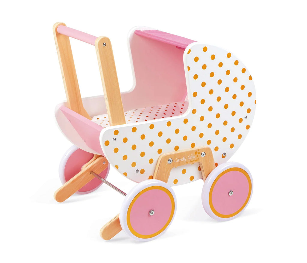 Janod Candy Chic Doll Pram - Wooden Stroller with Blanket