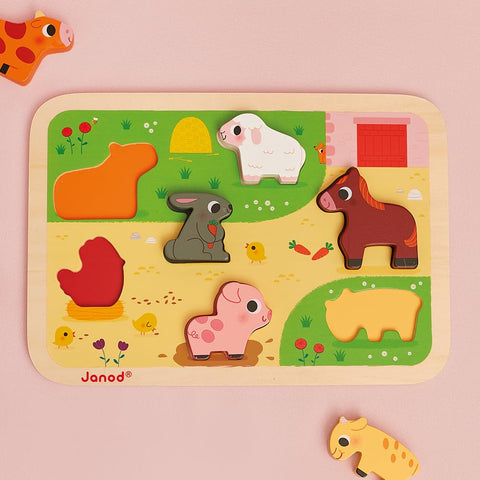 Janod Farm Chunky Puzzle - 7 Easy-Grip Wooden Animal Pieces