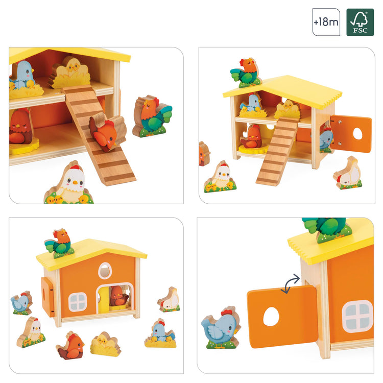 Janod My First Hen House - 8-Piece Wooden Farmhouse Playset