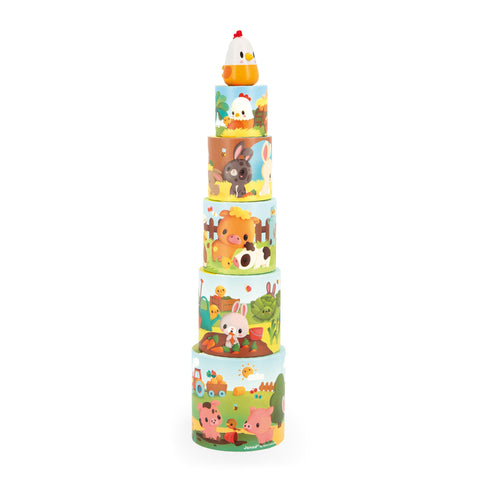 Janod Farm Stacking Pyramid - 5 Nesting Cylinders and Hen