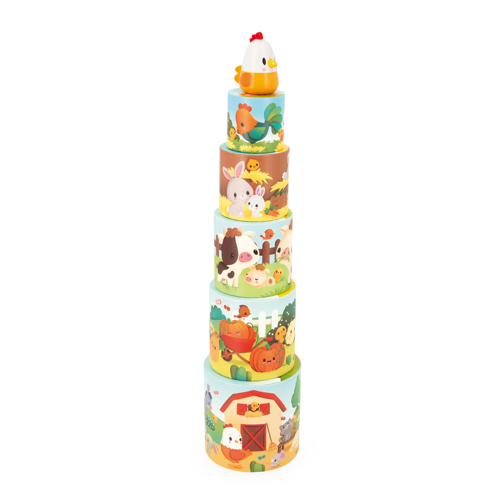 Janod Farm Stacking Pyramid - 5 Nesting Cylinders and Hen