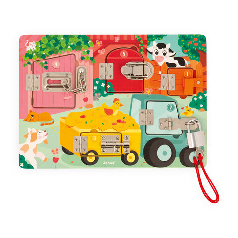 Janod Farm Padlocks Board - Unlock Fine Motor Fun on the Farm