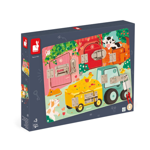 Janod Farm Padlocks Board - Unlock Fine Motor Fun on the Farm