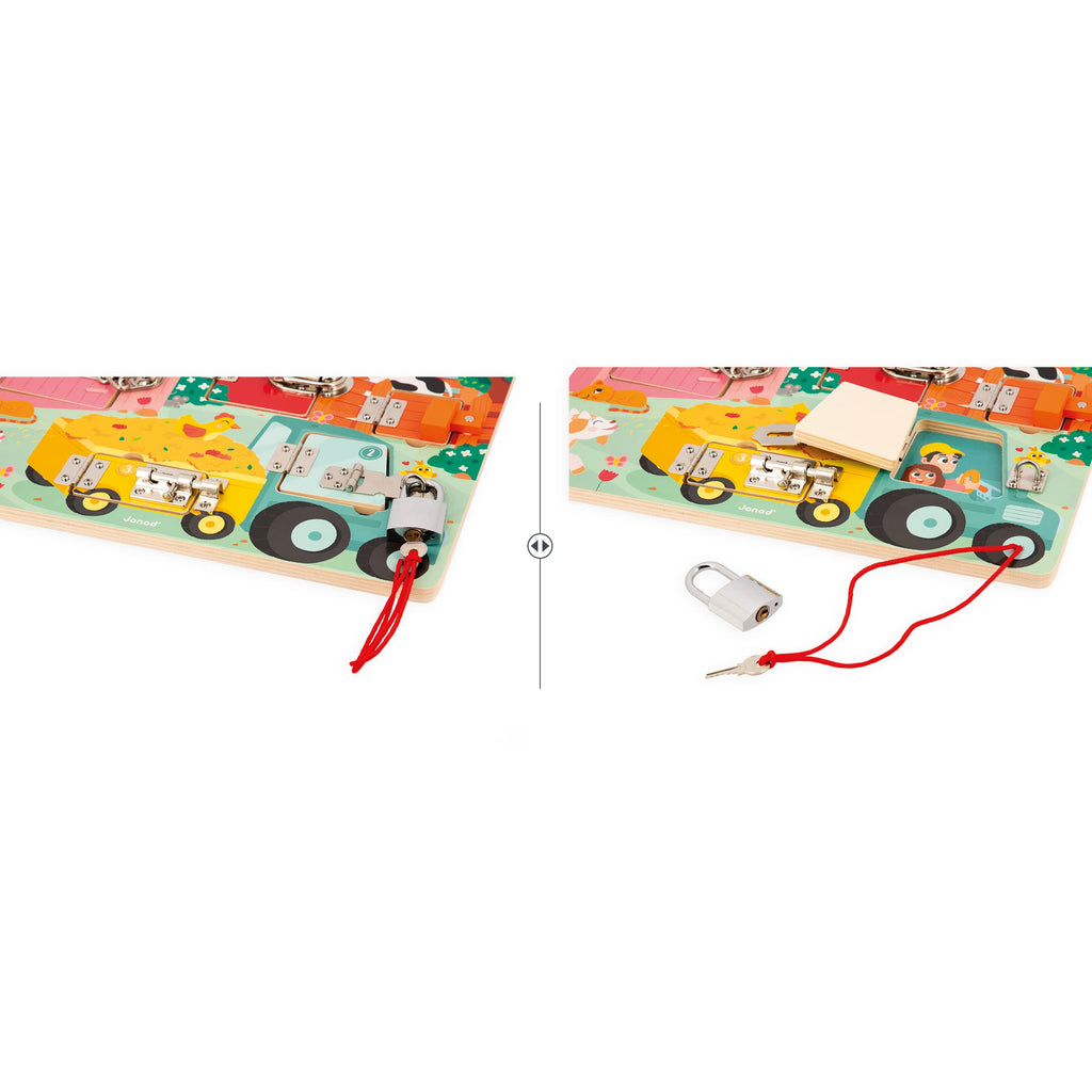 Janod Farm Padlocks Board - Unlock Fine Motor Fun on the Farm