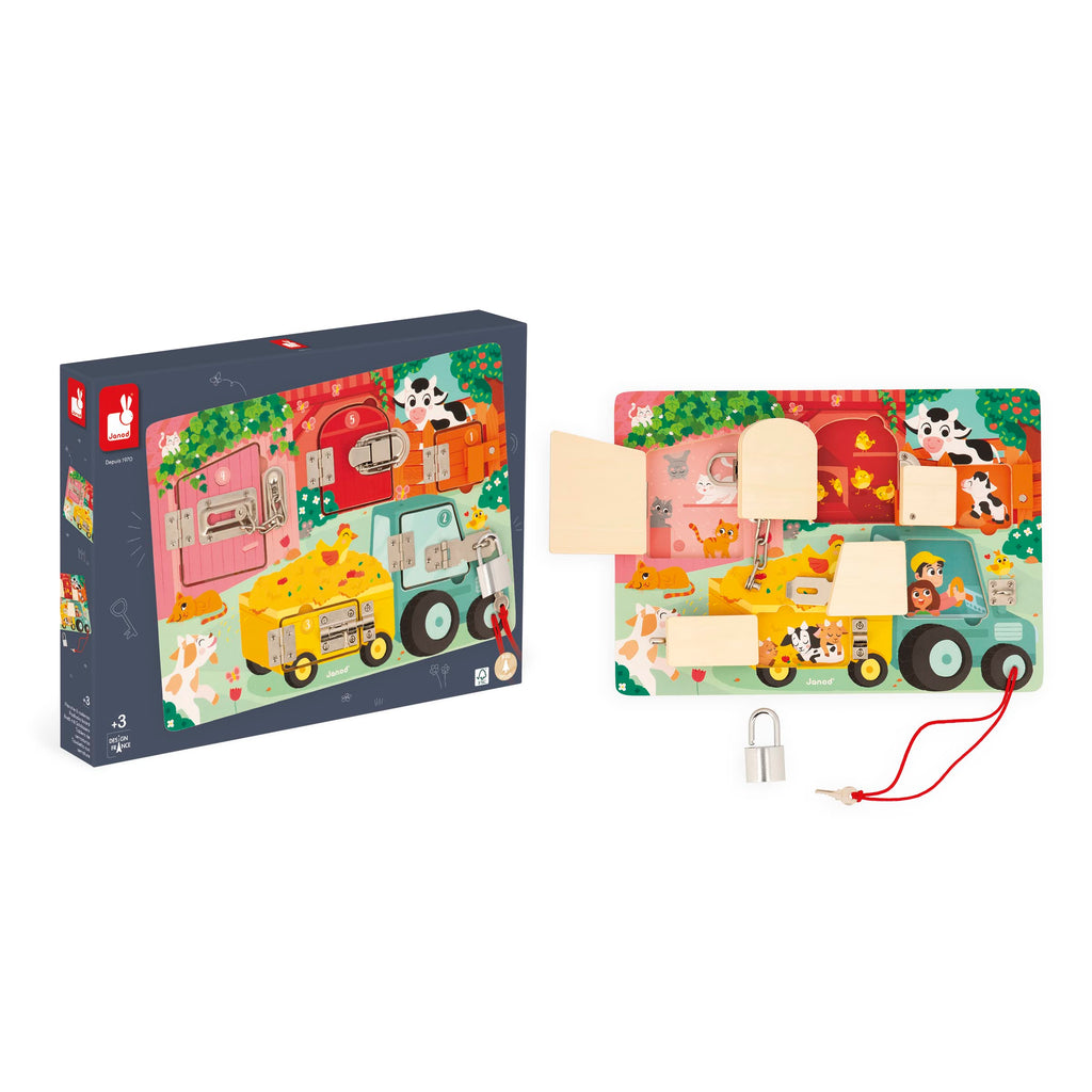 Janod Farm Padlocks Board - Unlock Fine Motor Fun on the Farm