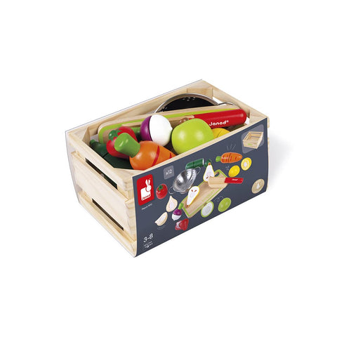 Janod Fruits & Vegetables Maxi Set - Sliceable Wooden Food Crate