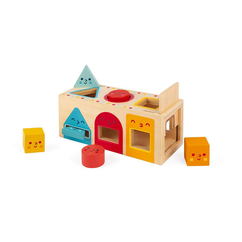Janod Wooden Shape Sorter Box - 6 Geometric Pieces for Toddlers