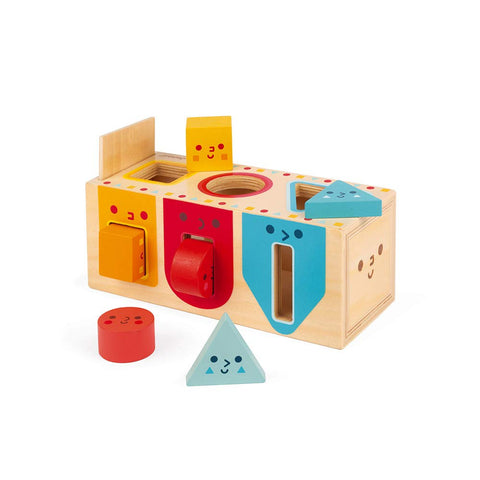 Janod Wooden Shape Sorter Box - 6 Geometric Pieces for Toddlers