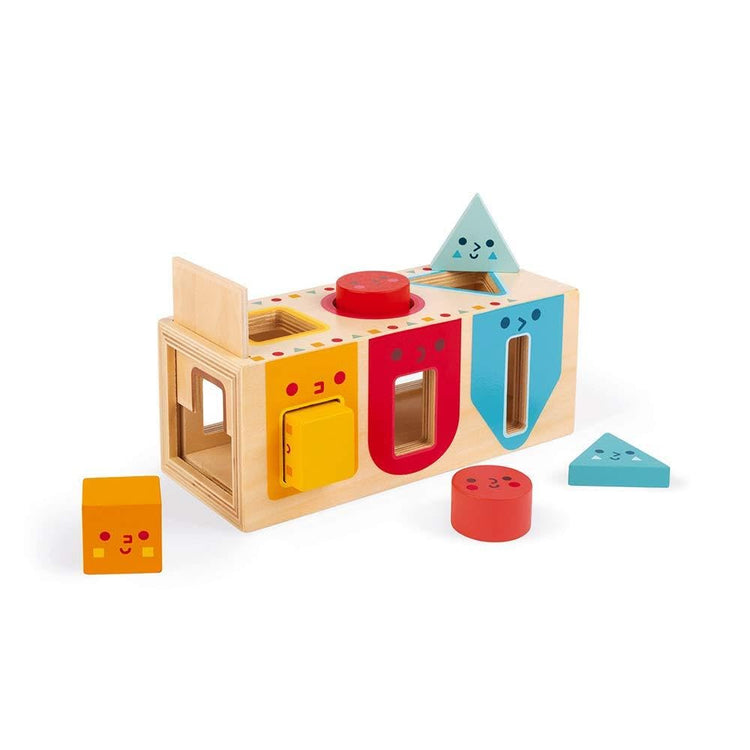 Janod Wooden Shape Sorter Box - 6 Geometric Pieces for Toddlers