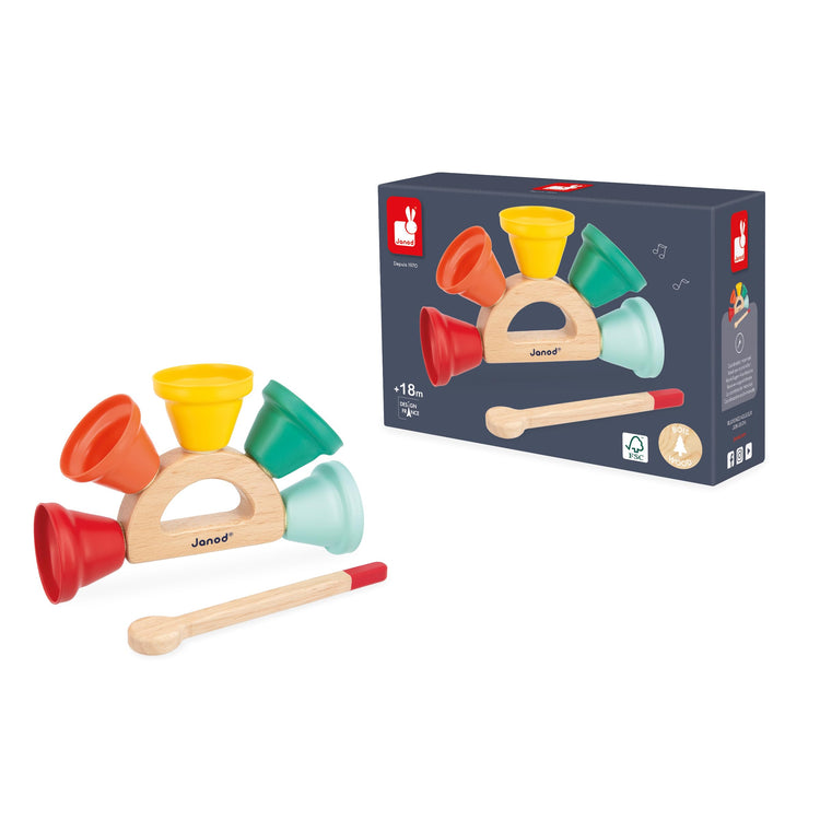Janod Gioia Handbell Set - 5 Notes on Wooden Holder for Kids