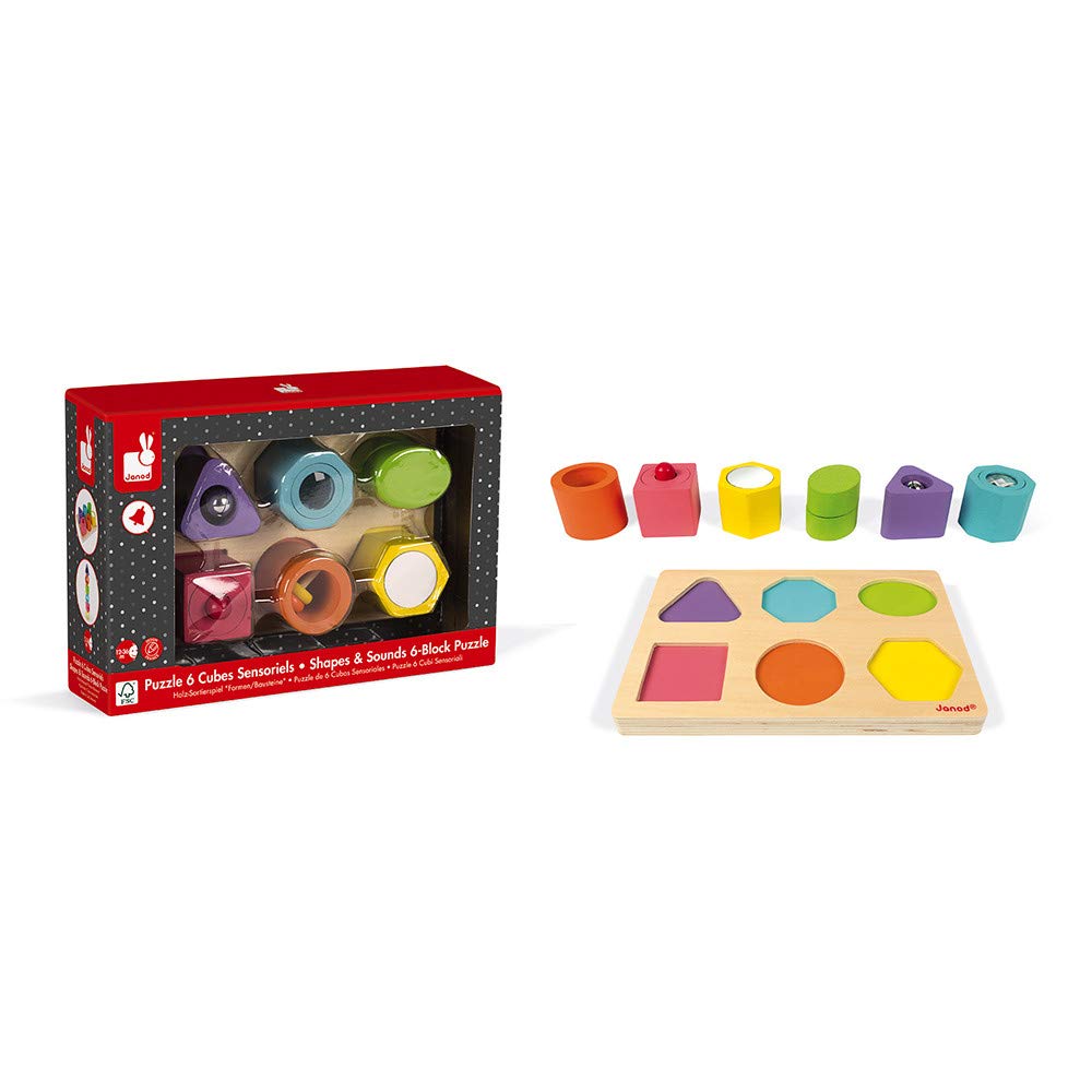 Janod I Wood Puzzle - 6 Sensory Blocks With Sounds and Fun
