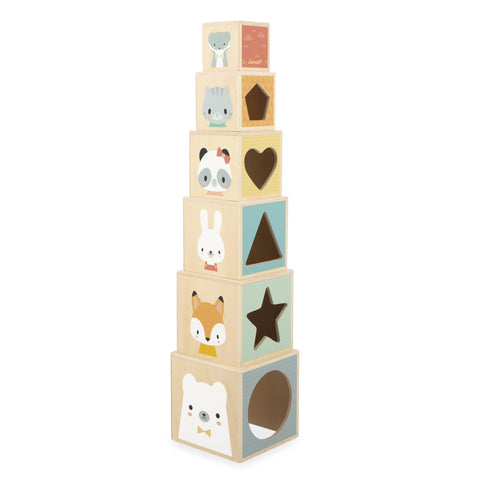 Janod First Wooden Pyramid - 6 Cubes for Stacking and Play