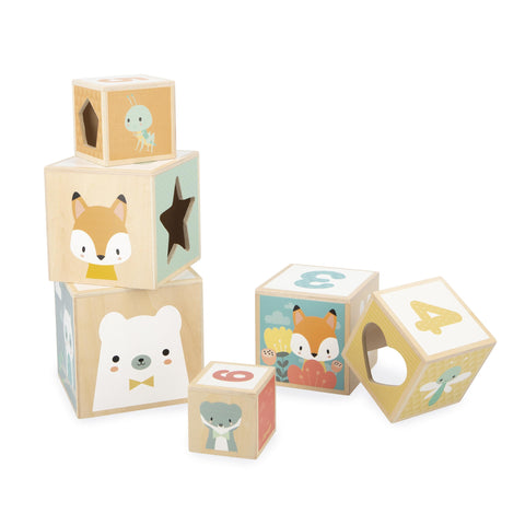 Janod First Wooden Pyramid - 6 Cubes for Stacking and Play