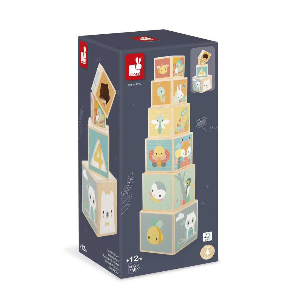 Janod First Wooden Pyramid - 6 Cubes for Stacking and Play
