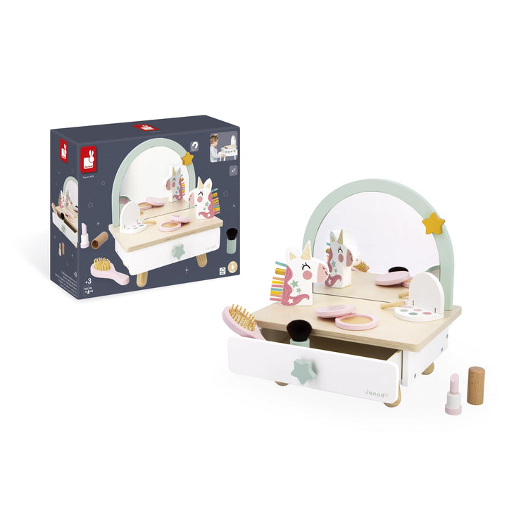 Janod Unicorn Dressing Table - Wooden Vanity with 7 Accessories