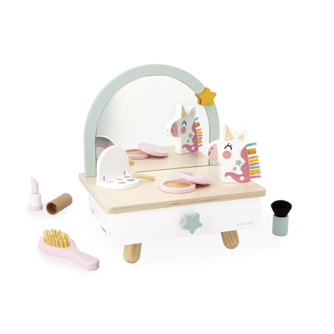 Janod Unicorn Dressing Table - Wooden Vanity with 7 Accessories