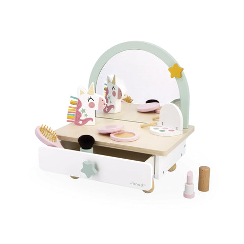 Janod Unicorn Dressing Table - Wooden Vanity with 7 Accessories