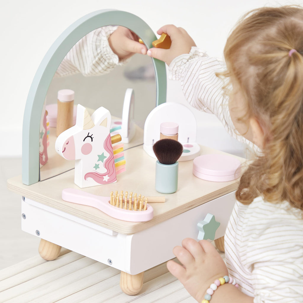 Janod Unicorn Dressing Table - Wooden Vanity with 7 Accessories
