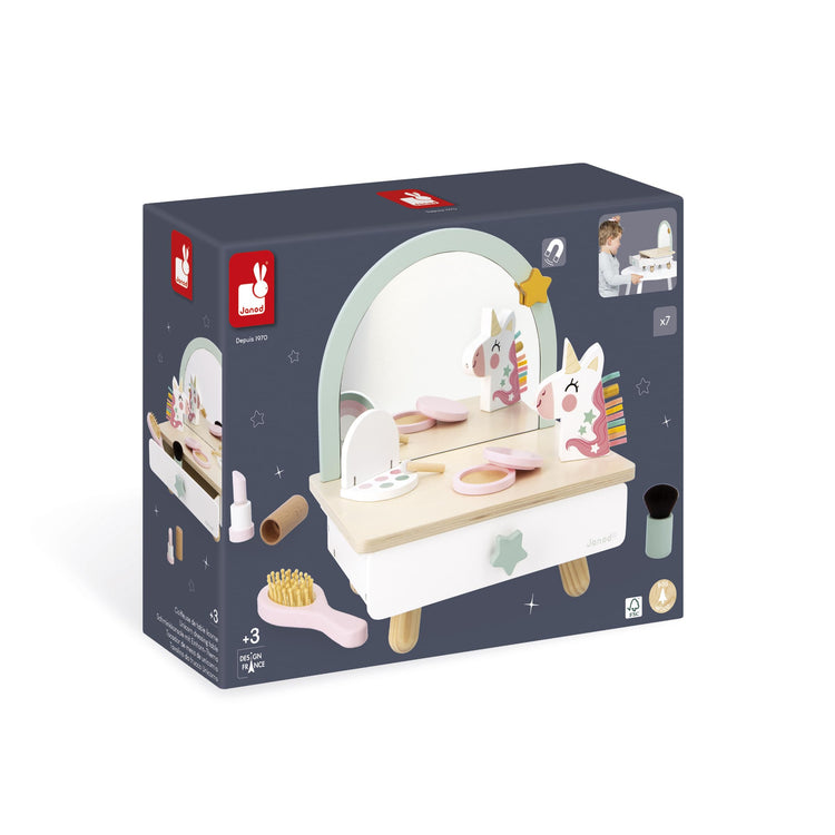 Janod Unicorn Dressing Table - Wooden Vanity with 7 Accessories