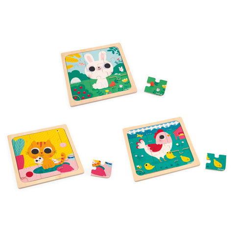 Janod Forest Animal Puzzles - 3 Wooden Jigsaws for Toddlers