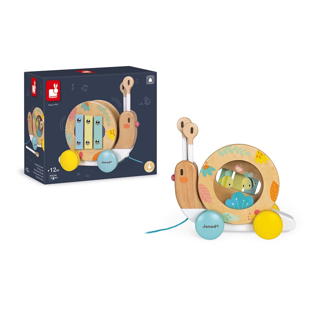 Janod Pure Pull-Along Snail - 2-in-1 Wooden Musical Toy