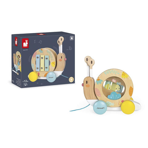 Janod Pure Pull-Along Snail - 2-in-1 Wooden Musical Toy
