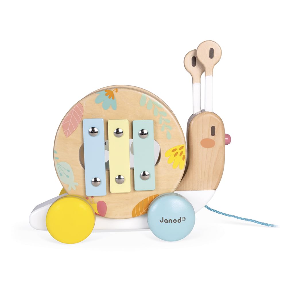 Janod Pure Pull-Along Snail - 2-in-1 Wooden Musical Toy