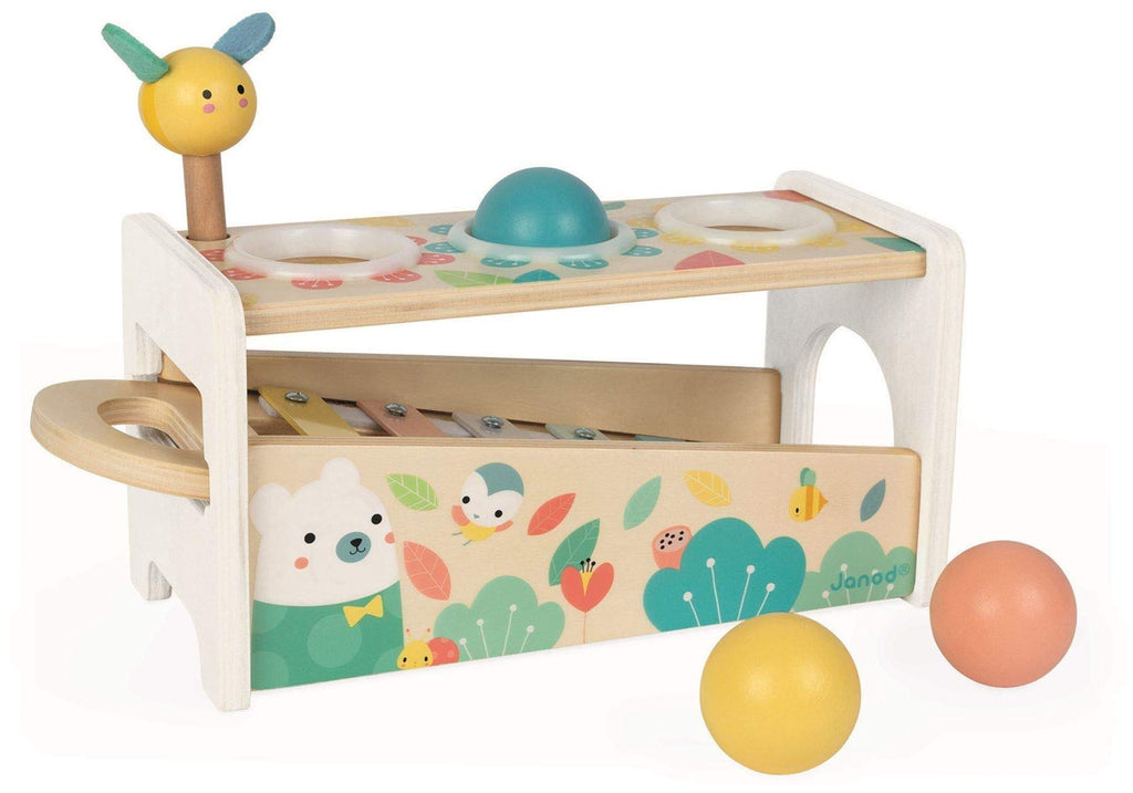 Janod Pure Tap Xylophone Bench - Cherry Wood Balls and Hammer