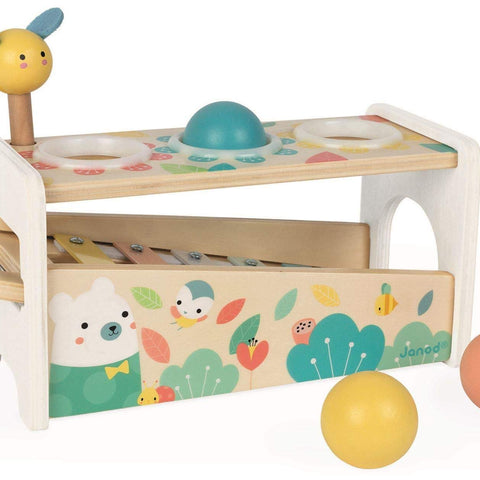 Janod Pure Tap Xylophone Bench - Cherry Wood Balls and Hammer