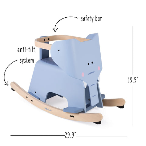Janod Rocking Elephant - Wooden Ride-On with Anti-Tip Base