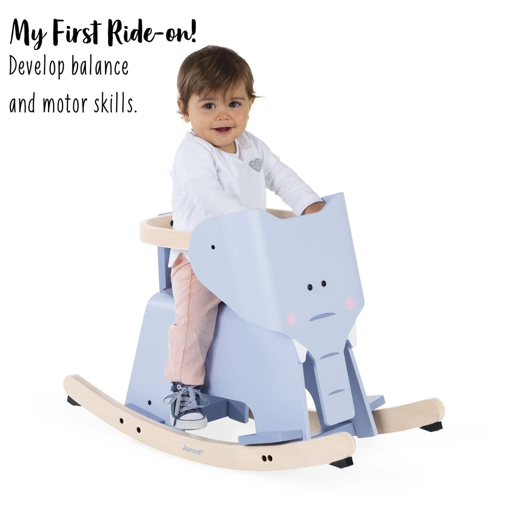 Janod Rocking Elephant - Wooden Ride-On with Anti-Tip Base