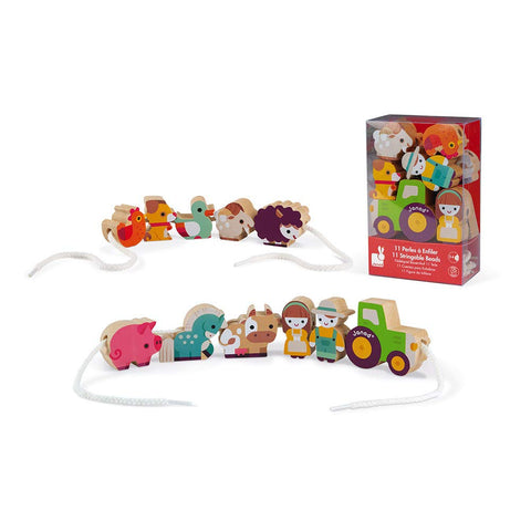 Janod Farm Beads - 11 Wooden Pieces for Lacing and Play