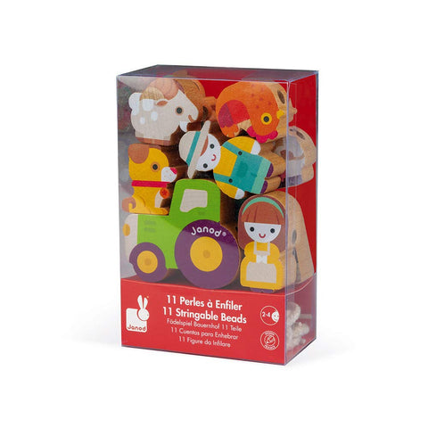 Janod Farm Beads - 11 Wooden Pieces for Lacing and Play