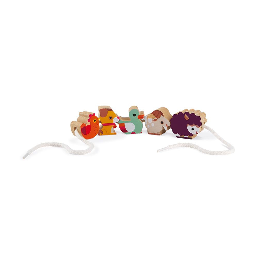 Janod Farm Beads - 11 Wooden Pieces for Lacing and Play