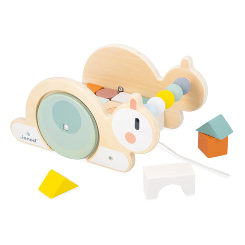 Janod Snail Cube Trolley - 17-Piece Pull-Along Shape Sorter