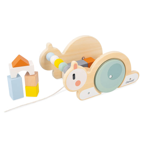 Janod Snail Cube Trolley - 17-Piece Pull-Along Shape Sorter