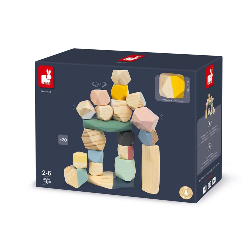 Janod Stacking Stones - 20 Wooden Pieces for Balance Play