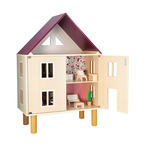 Janod Twist Dollhouse - 3-story Wooden House with 11 Pieces