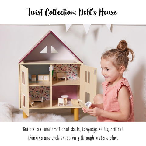 Janod Twist Dollhouse - 3-story Wooden House with 11 Pieces