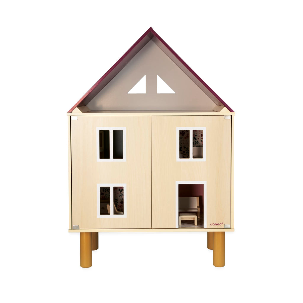 Janod Twist Dollhouse - 3-story Wooden House with 11 Pieces