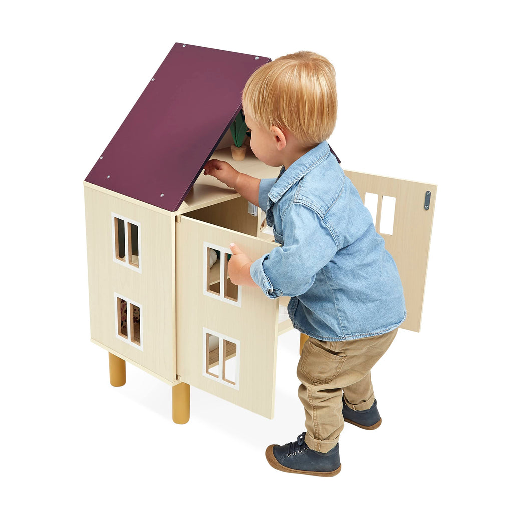 Janod Twist Dollhouse - 3-story Wooden House with 11 Pieces