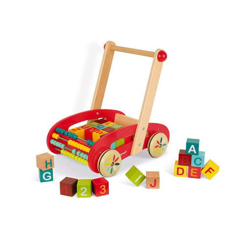Janod ABC Buggy Cart - 30 Wooden Blocks for Early Learning