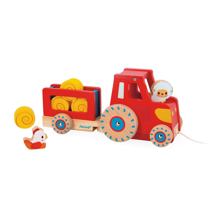 Janod Pull-Along Tractor - Trailer, Animals and 4 Hay Bales