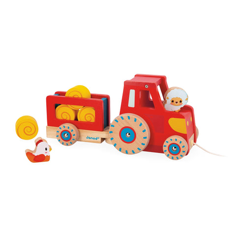 Janod Pull-Along Tractor - Trailer, Animals and 4 Hay Bales