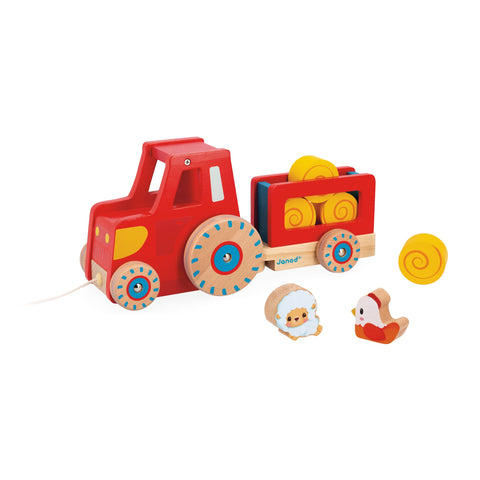Janod Pull-Along Tractor - Trailer, Animals and 4 Hay Bales