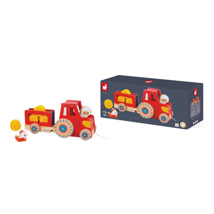 Janod Pull-Along Tractor - Trailer, Animals and 4 Hay Bales