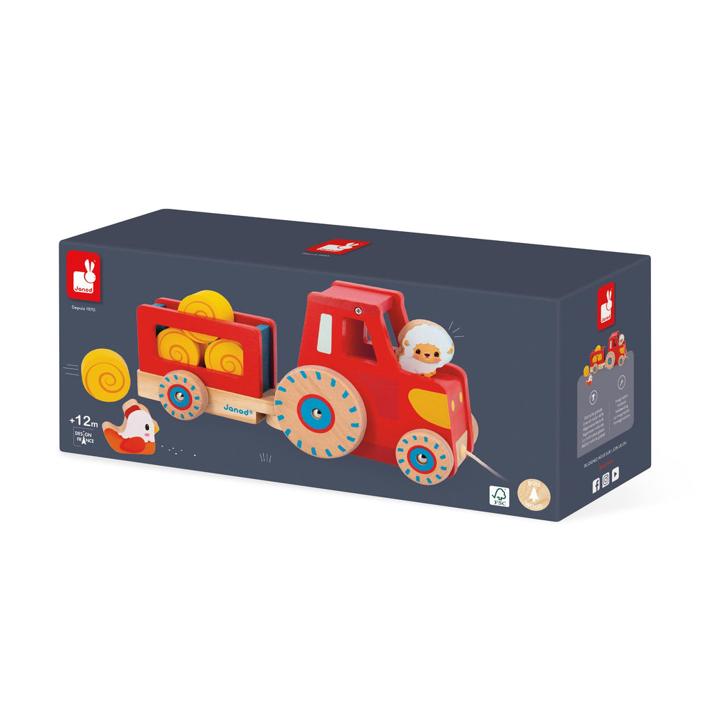 Janod Pull-Along Tractor - Trailer, Animals and 4 Hay Bales