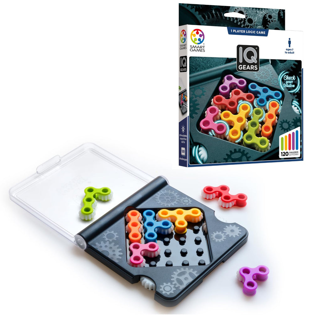 SmartGames IQ Gears - 120 Travel Challenges with Moving Gears